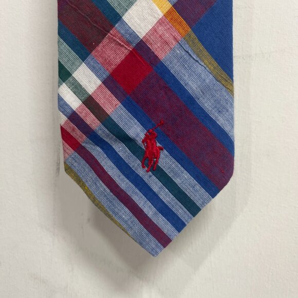 Polo Ralph Lauren Tie Multicolor Plaid 100% Cotton Hand Made USA Colorful Pony - Picture 2 of 6